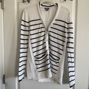Eddie Bauer Striped Cardigan Sweater Small navy and white EUC